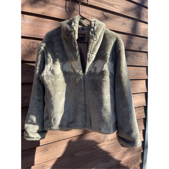 Vintage Woolrich Plush Gray Hooded Tumblewood Leaves Faux Fur Jacket Coat Sz M - Picture 8 of 10